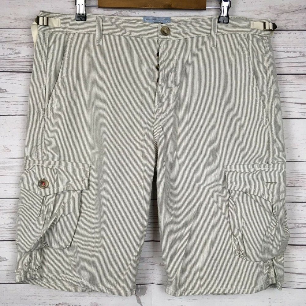 7 For All Mankind Mens 36 Cargo Shorts Conductor Stripe White Blue Seven